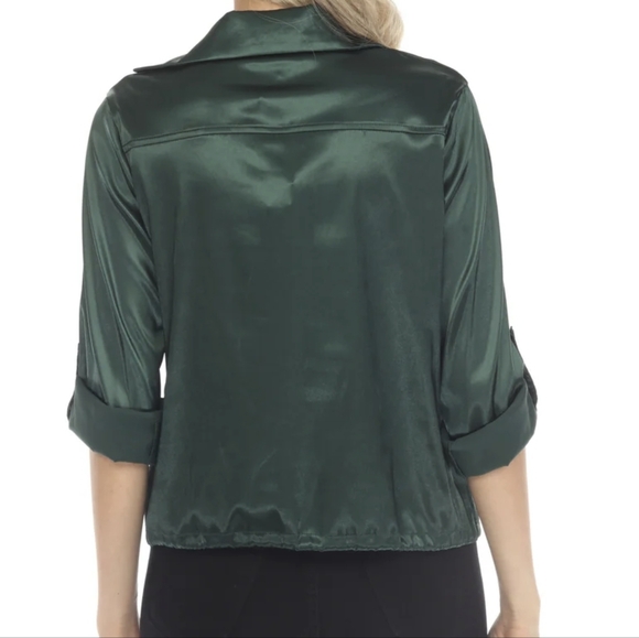 Frank Lyman Design Sequined Tie Hem Roll Tab Sleeve Satin Top  - Picture 4 of 9